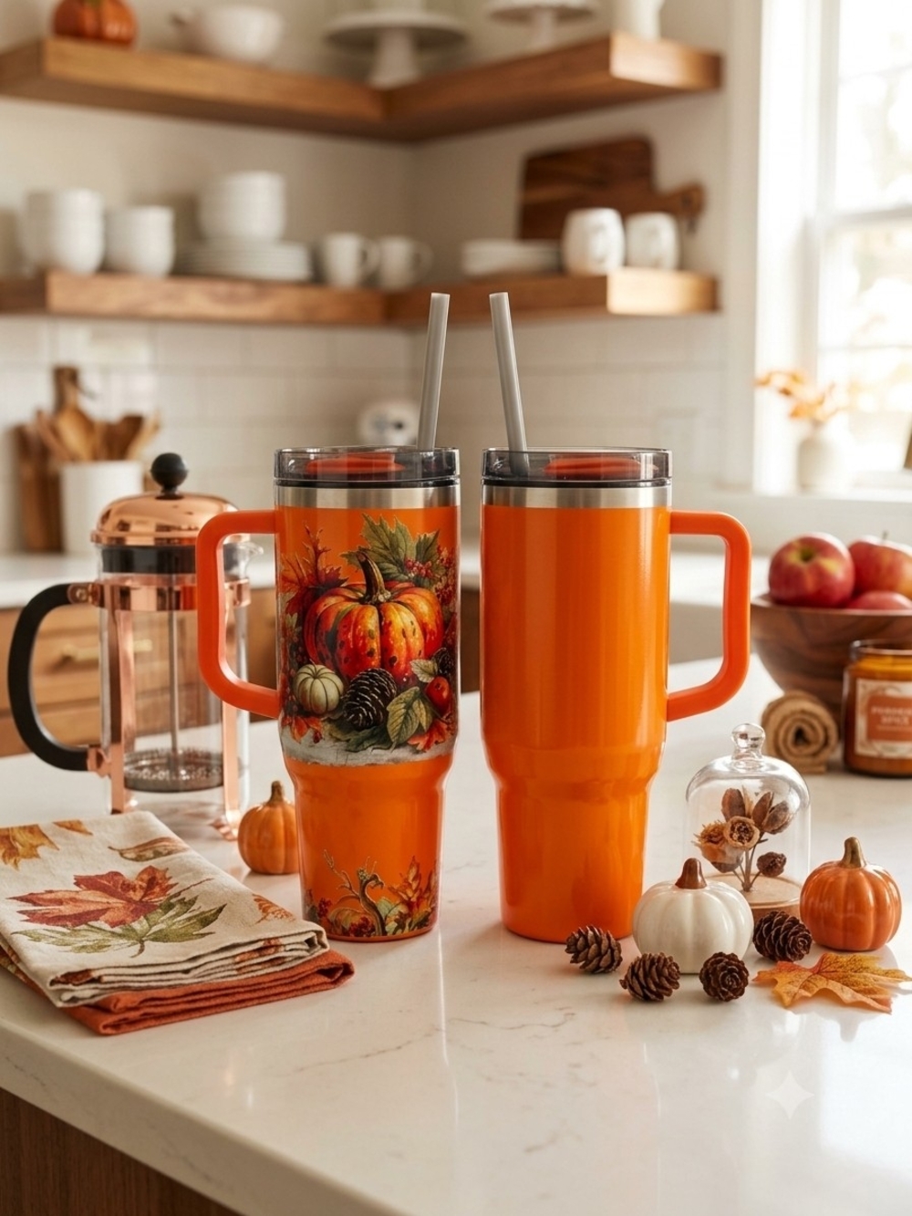 Pumpkin Pattern 40 oz Tumbler Set of 2 Orange w/ Handle Lid Straw Fall